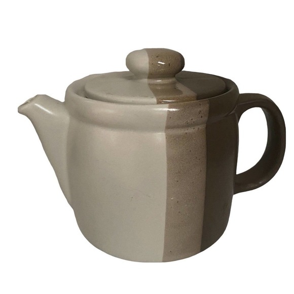 Vintage McCoy Pottery Sandstone Teapot Striped Brown Cream Tan 1418 Signed - Picture 1 of 11